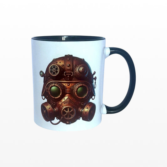 Illustrated Solutions Store steampunk gas mask ceramic mug with green lenses and industrial details.