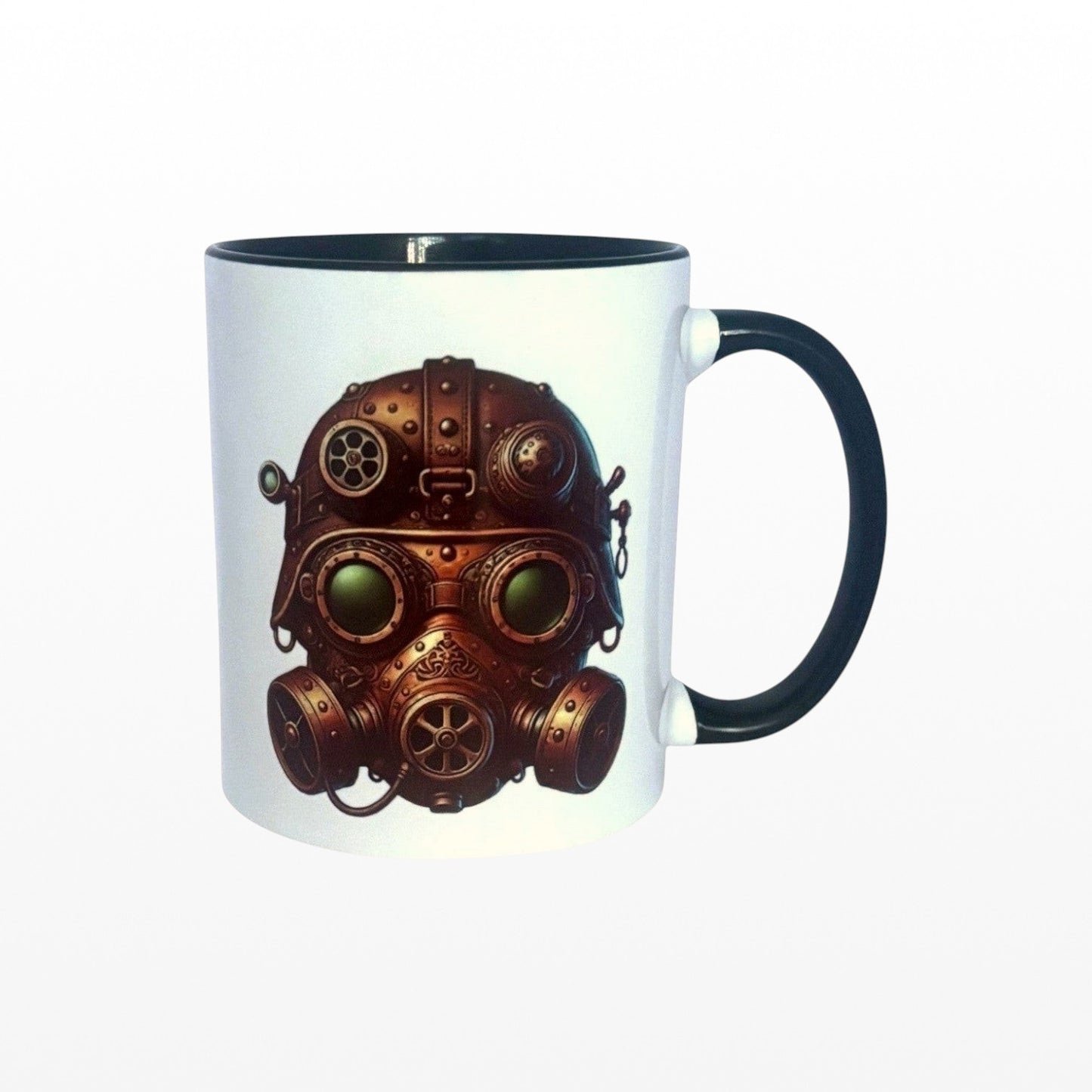 Illustrated Solutions Store ceramic mug featuring a detailed bronze steampunk gas mask with mechanical industrial design.