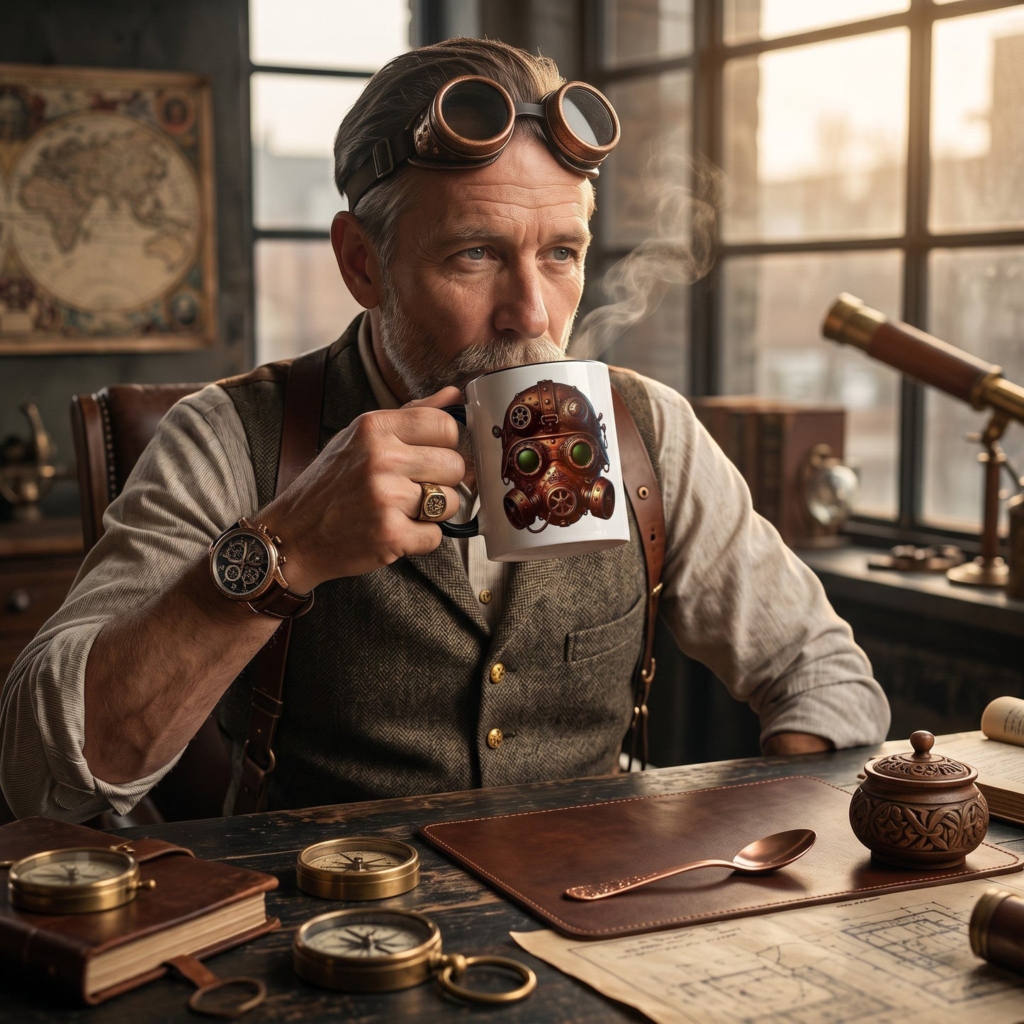 Illustrated Solutions Store ceramic mug featuring a detailed steampunk gas mask design, held by a man in vintage attire.