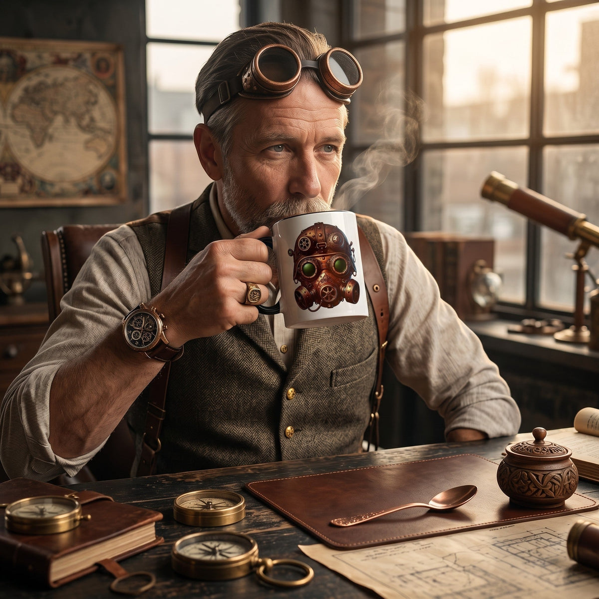 Illustrated Solutions Store ceramic mug featuring a detailed steampunk gas mask design, held by a man in vintage attire.