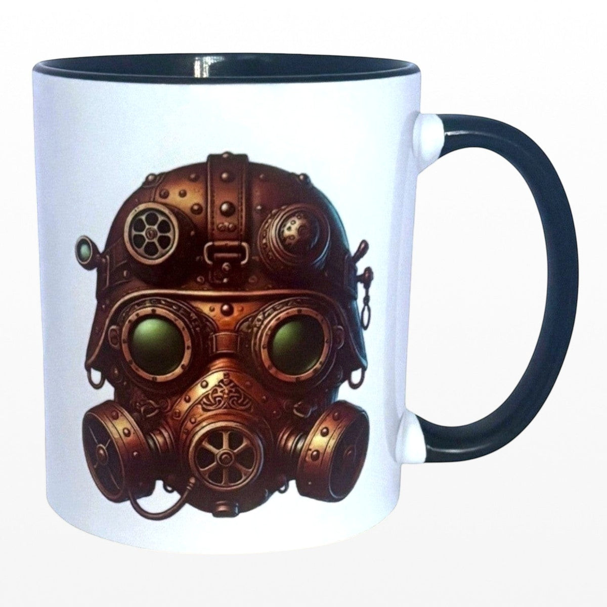 Illustrated Solutions Store ceramic mug featuring a detailed bronze steampunk gas mask with mechanical design elements