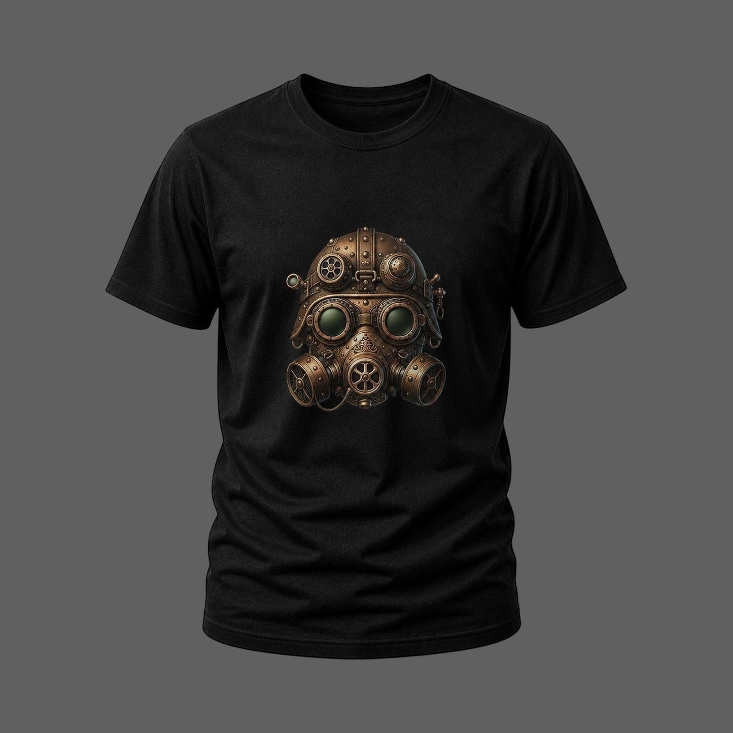 Illustrated Solutions Store black t-shirt with a detailed steampunk gas mask design featuring metallic tones and vintage mechanical elements.