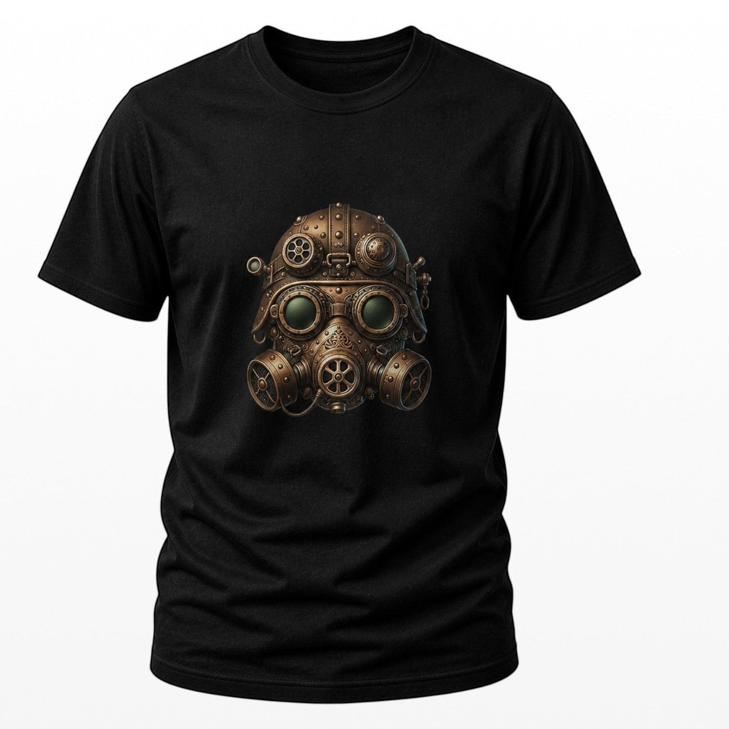 Illustrated Solutions Store black t-shirt with a detailed steampunk gas mask design featuring copper, bronze, and green accents. Close-up view.