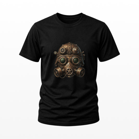 Illustrated Solutions Store black cotton t-shirt with a detailed steampunk gas mask design in metallic bronze and green.