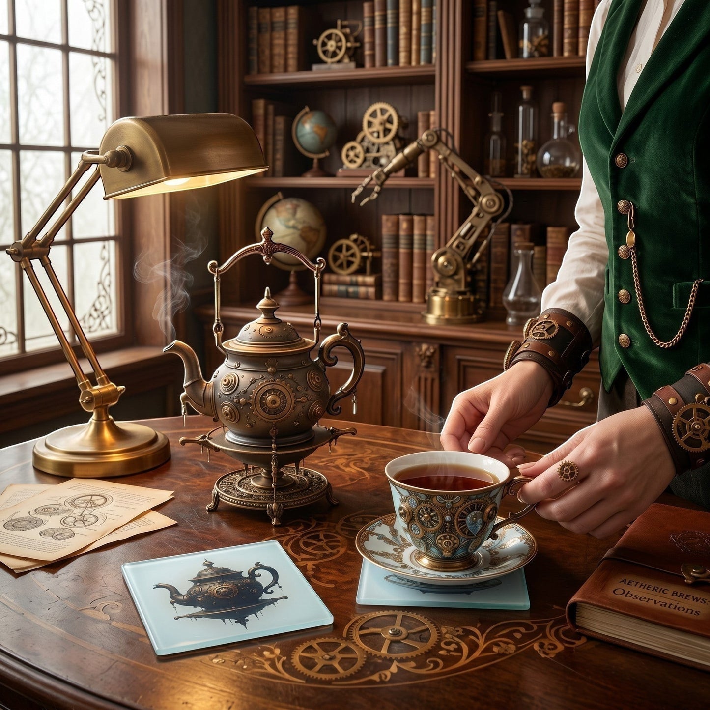 Illustrated Solutions Store glass coaster set featuring mechanical teapot and clockwork teacup designs on a desk.