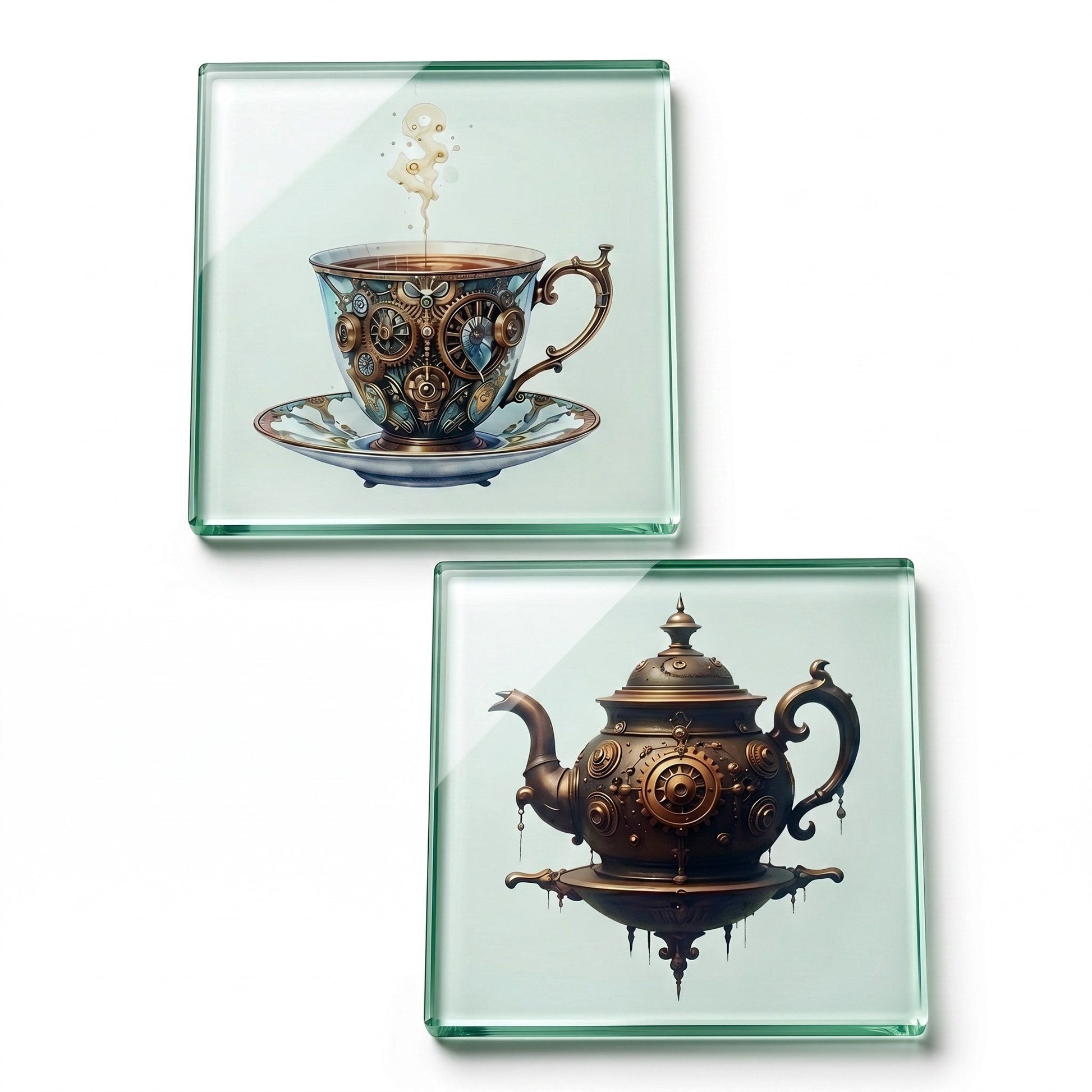 Illustrated Solutions Store steampunk glass coaster set featuring a mechanical teapot and clockwork teacup design.