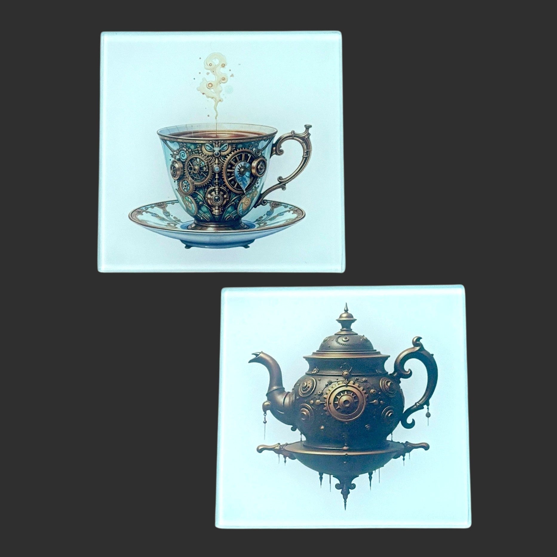 Illustrated Solutions Store glass coaster set featuring a mechanical teapot and clockwork teacup with steampunk design