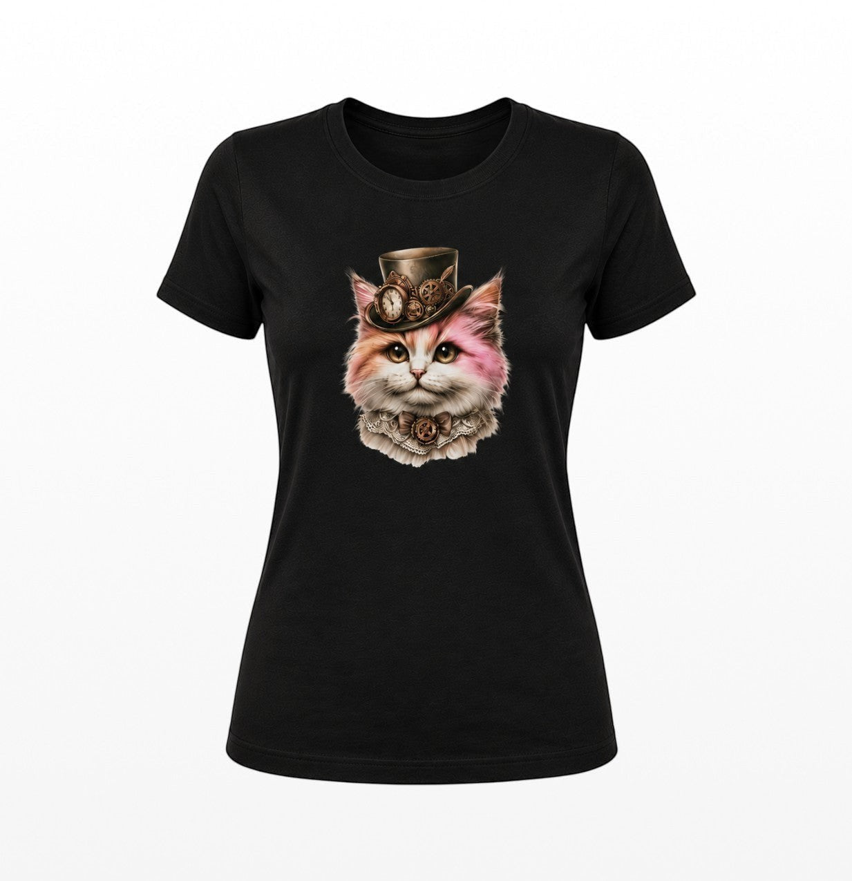 Illustrated Solutions Store black fitted women's tee with a pink and white steampunk kitten wearing a top hat and lace collar.