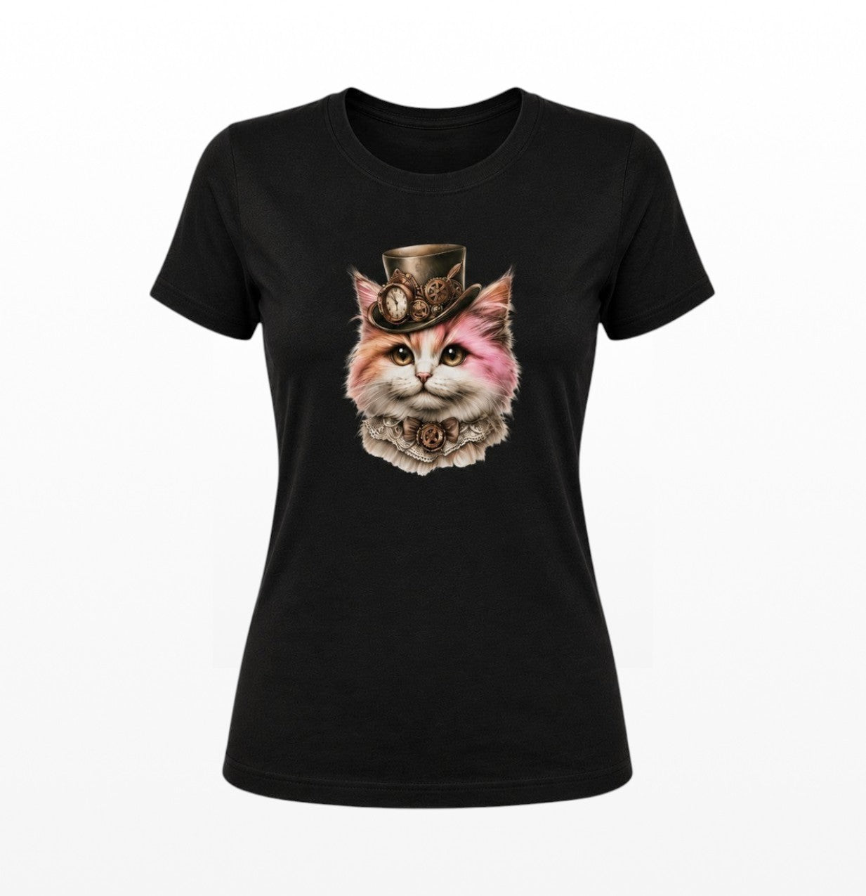 Illustrated Solutions Store black fitted women's tee with a steampunk kitten wearing a top hat and lace collar.