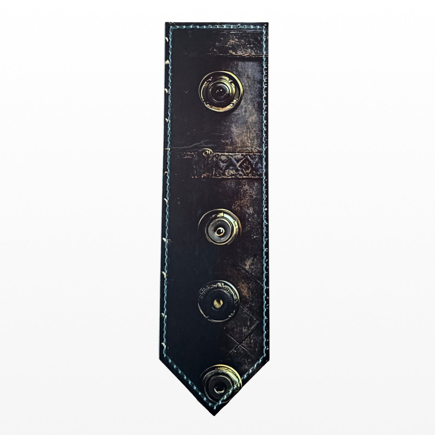 Illustrated Solutions Store steampunk leather bookmark with brass button details and Victorian journal texture.