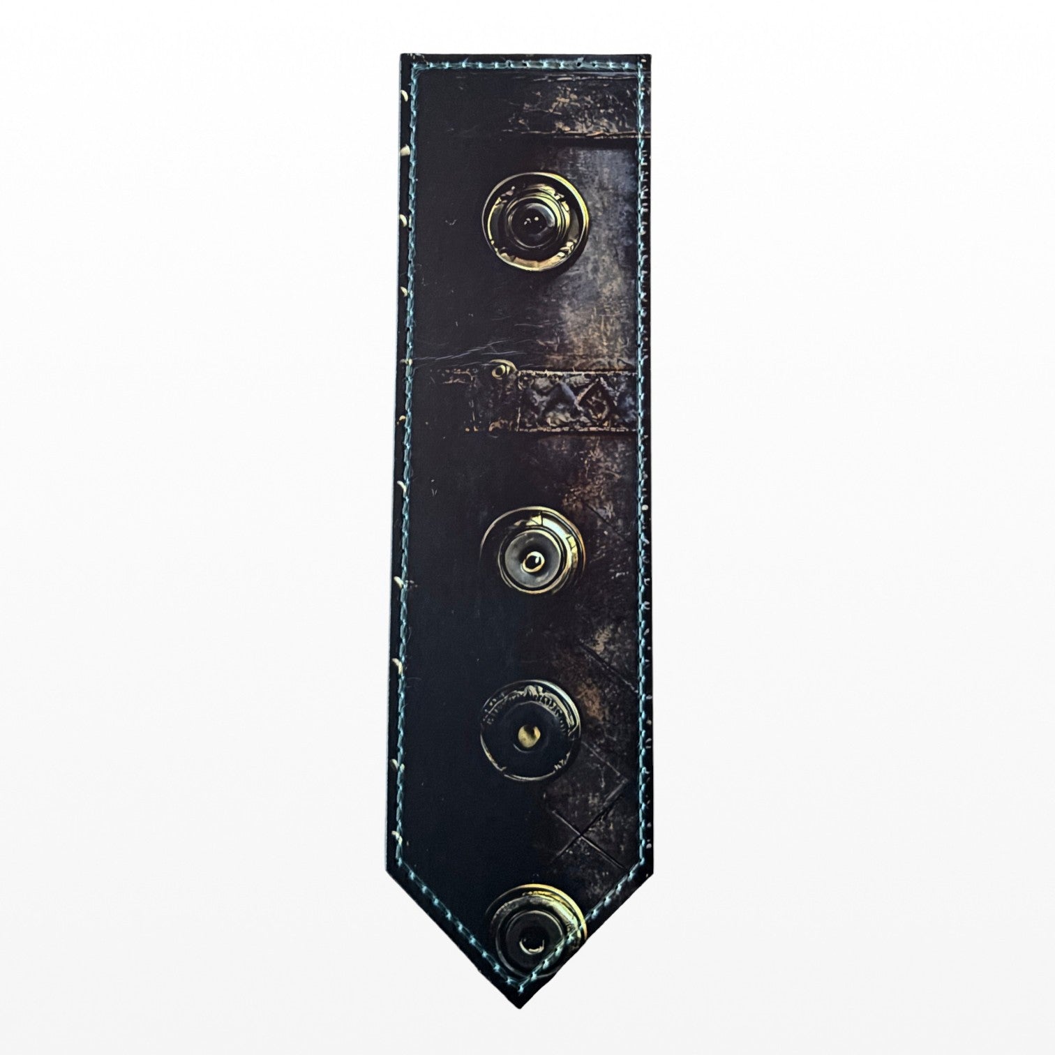 Illustrated Solutions Store steampunk leather bookmark with brass button details and Victorian journal texture.