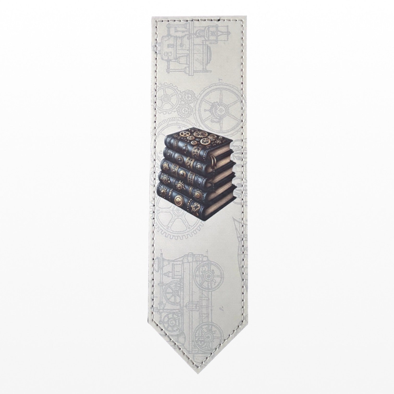 Illustrated Solutions Store steampunk leather bookmark featuring a stack of vintage books with mechanical gear details.