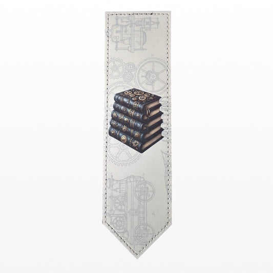 Illustrated Solutions Store steampunk leather bookmark featuring a stack of vintage books with mechanical gear details.