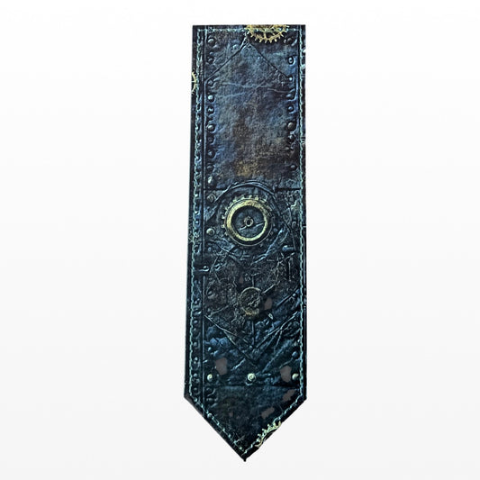 Illustrated Solutions Store steampunk leather bookmark featuring weathered metal panels, gears, and riveted details.