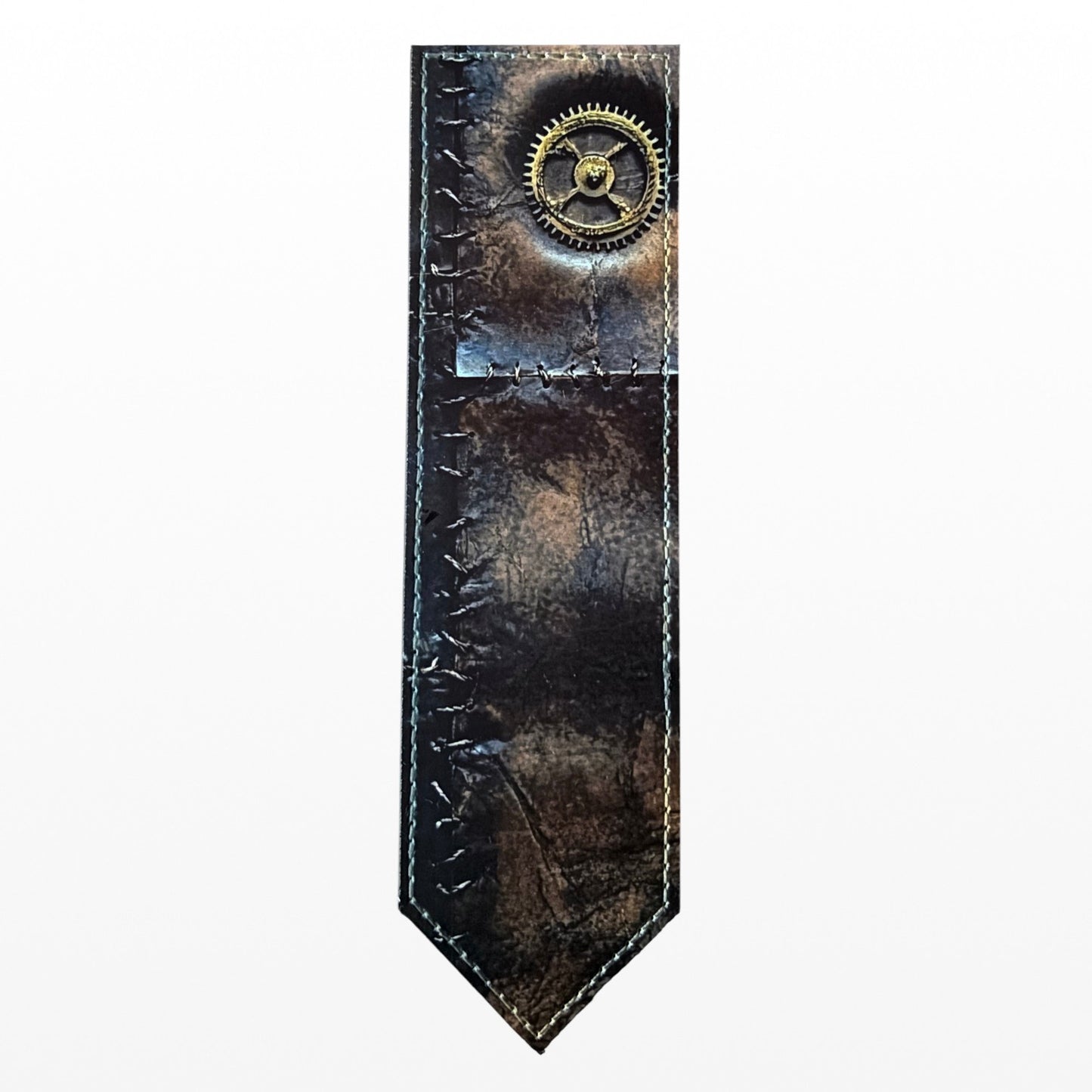 Illustrated Solutions Store steampunk leather bookmark with distressed journal print, stitched edges, and brass gear.