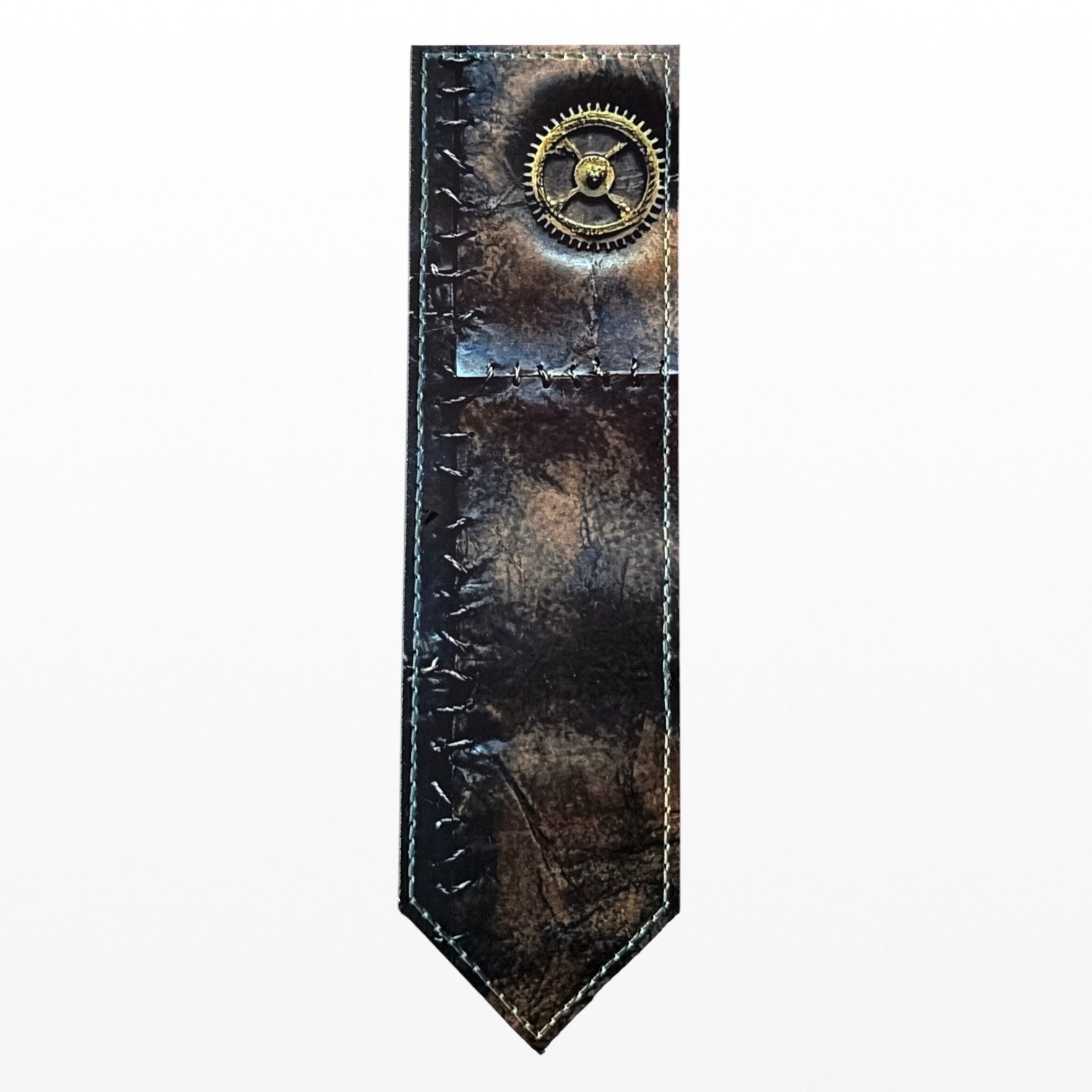 Illustrated Solutions Store steampunk leather bookmark with distressed journal print, stitched edges, and brass gear.