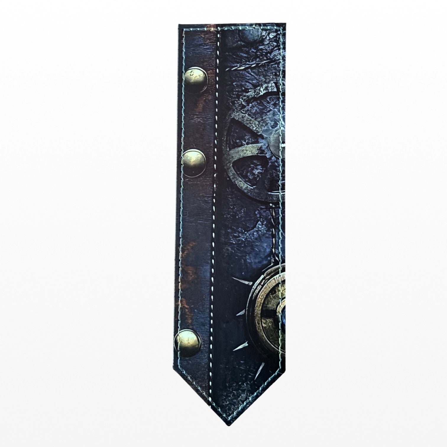 Illustrated Solutions Store steampunk leather bookmark with brass gear details and aged industrial textures.
