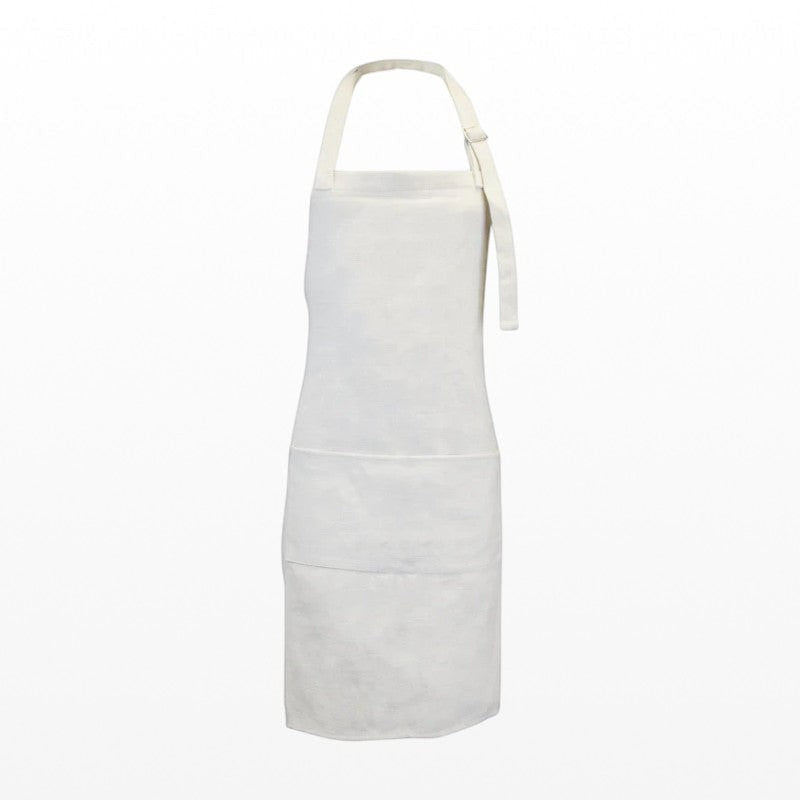 Illustrated Solutions Store cream linen cooking apron with front pocket and adjustable neck strap for kitchen use.