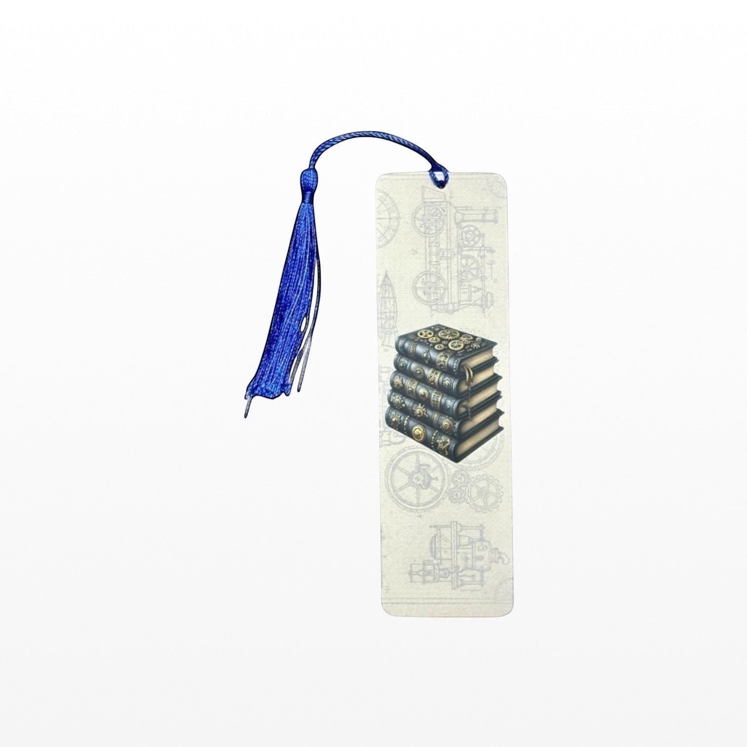 Illustrated Solutions Store steampunk metal bookmark with ornate book stack design and blue tassel on cream background