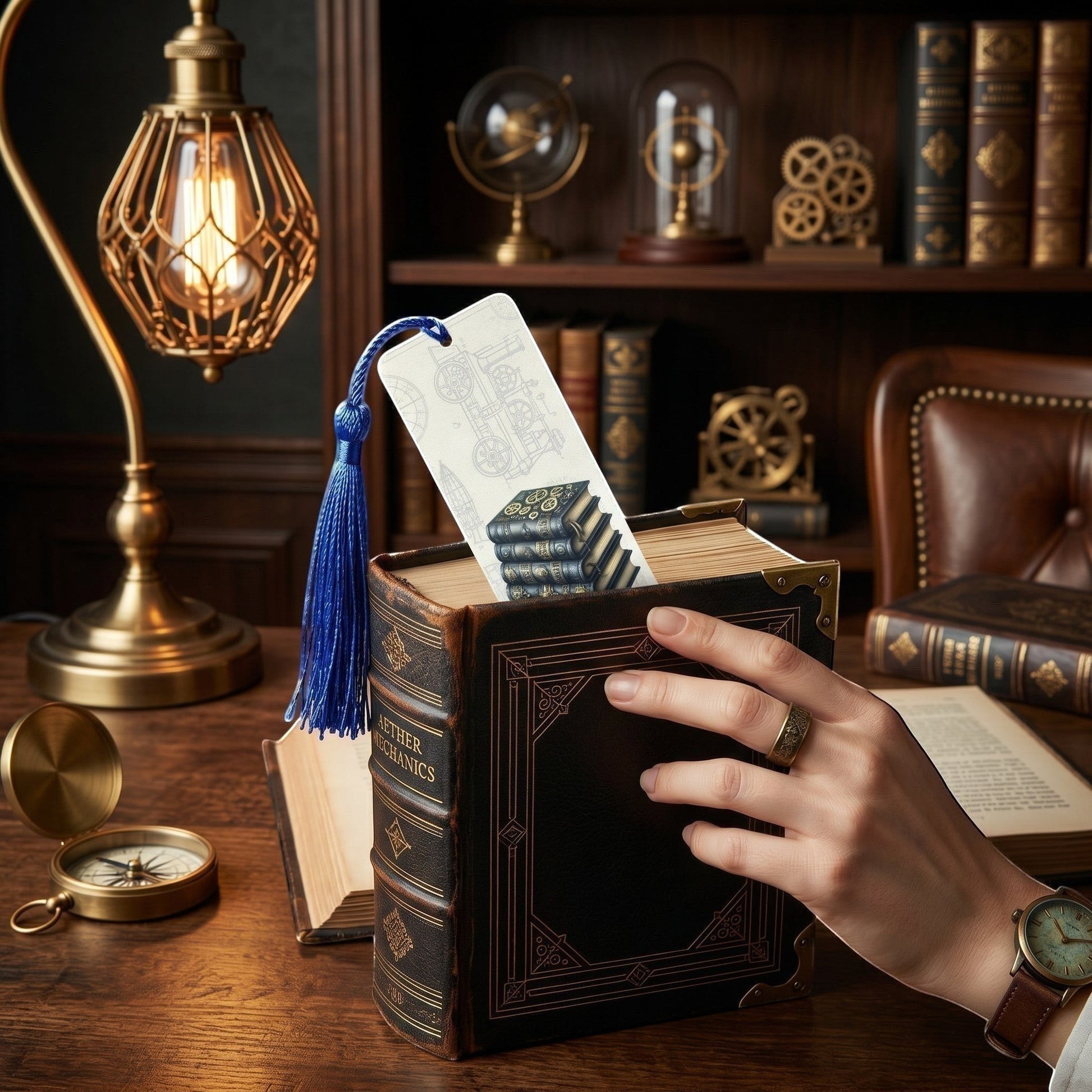 Illustrated Solutions Store steampunk metal bookmark with book stack design and blue tassel in a vintage library