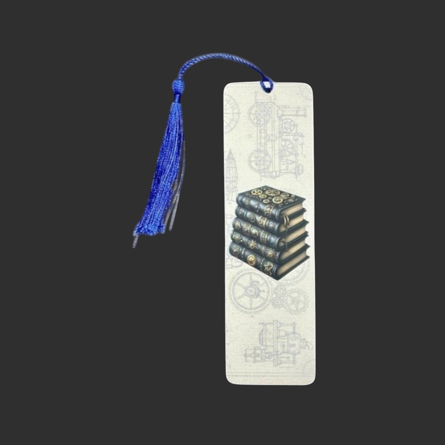 Illustrated Solutions Store steampunk metal bookmark featuring a stack of ornate books with a blue tassel.