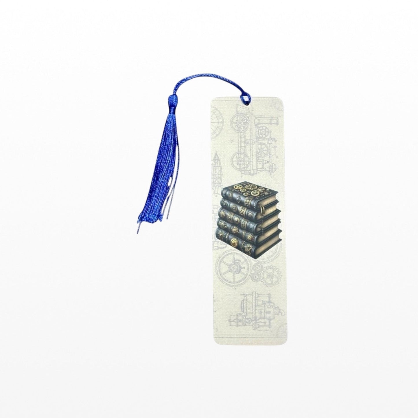 Illustrated Solutions Store steampunk metal bookmark with ornate book stack design and blue tassel on cream background