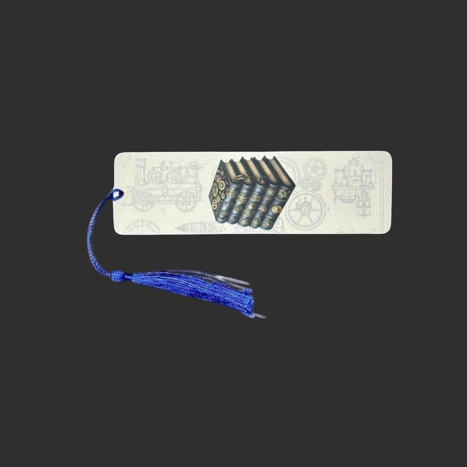 Illustrated Solutions Store steampunk metal bookmark featuring a stack of ornate books with a blue tassel.