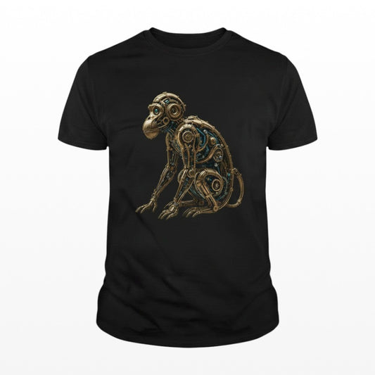 Illustrated Solutions Store black t-shirt with a detailed steampunk mechanical monkey design in gold and blue.