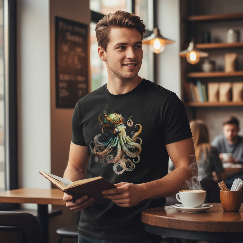 Illustrated Solutions Store black t-shirt with a detailed steampunk octopus design featuring gears and vintage elements.