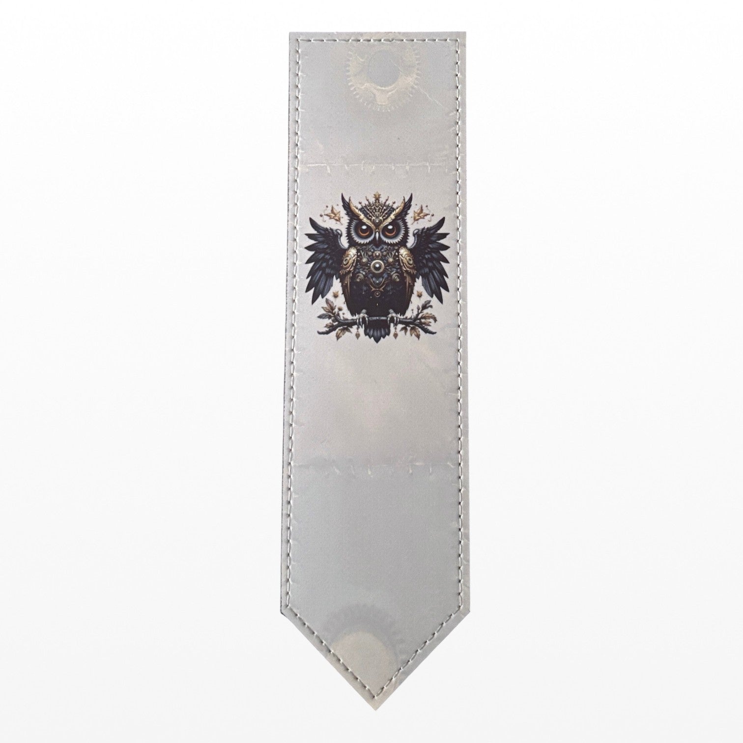 Illustrated Solutions Store steampunk leather bookmark featuring a detailed black owl design with Victorian motifs.
