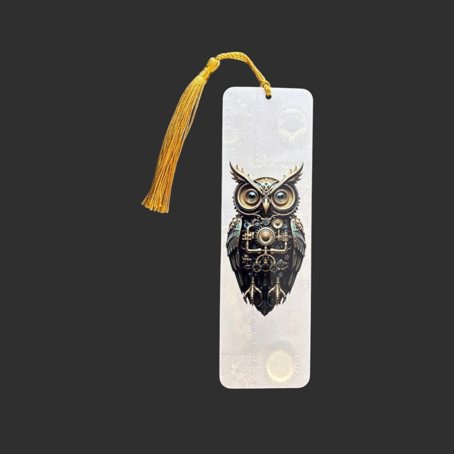Illustrated Solutions Store steampunk owl metal bookmark with intricate gear details and a gold tassel. Vertical view.