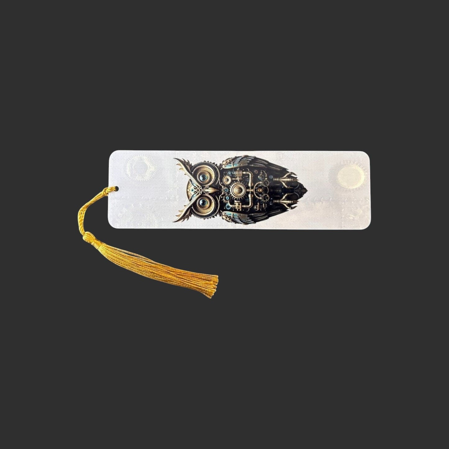 Illustrated Solutions Store steampunk owl metal bookmark with intricate gear details and a gold tassel.