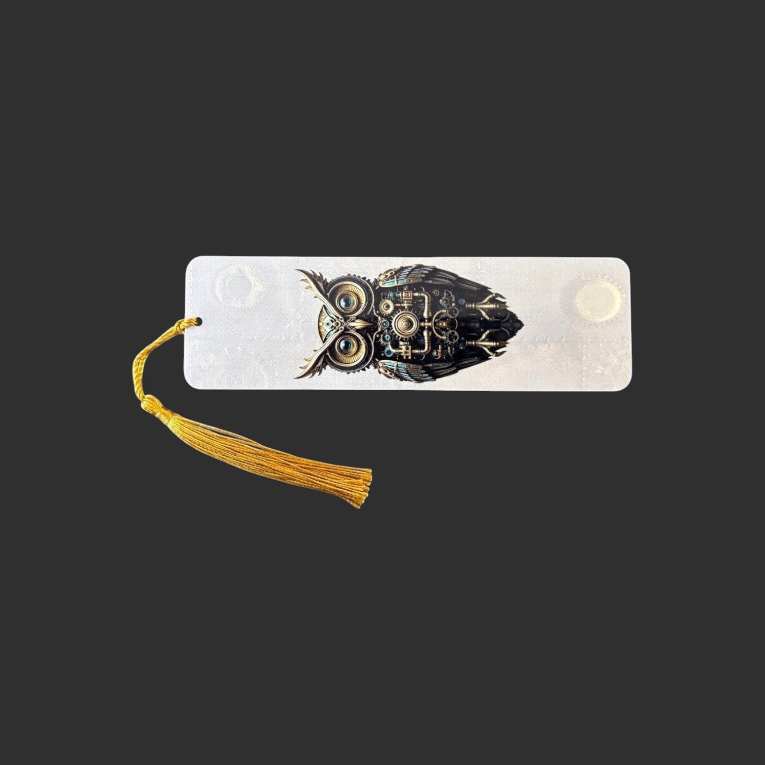 Illustrated Solutions Store steampunk owl metal bookmark with intricate gear details and a gold tassel.