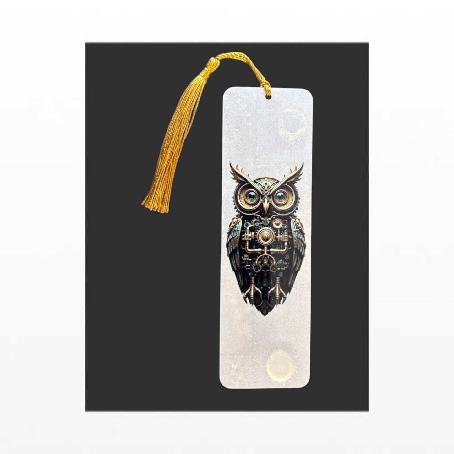 Illustrated Solutions Store steampunk owl metal bookmark with intricate gear details and a gold tassel. Vertical view.