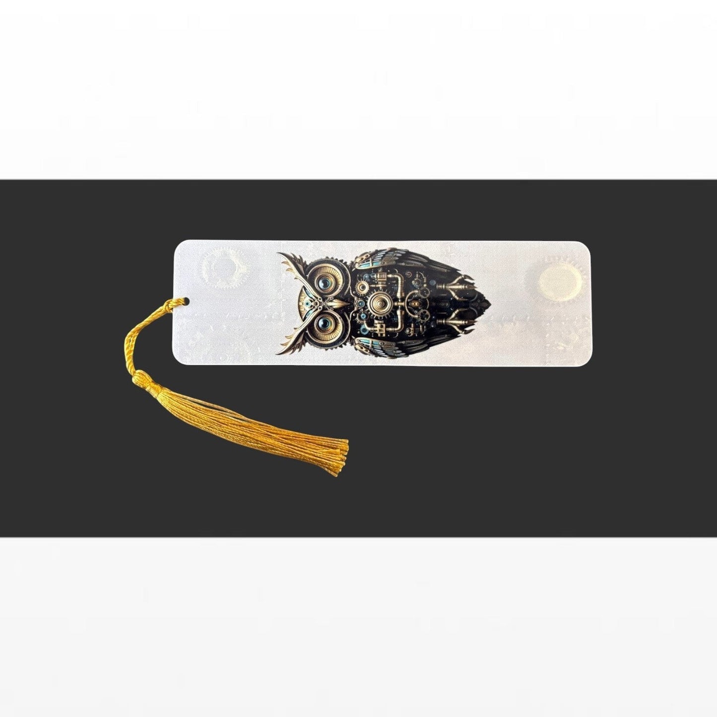 Illustrated Solutions Store steampunk owl metal bookmark with intricate gear details and a gold tassel.