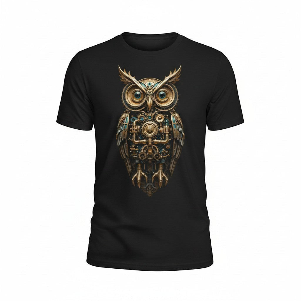Illustrated Solutions Store black t-shirt with a detailed steampunk owl graphic featuring gears and metallic textures.