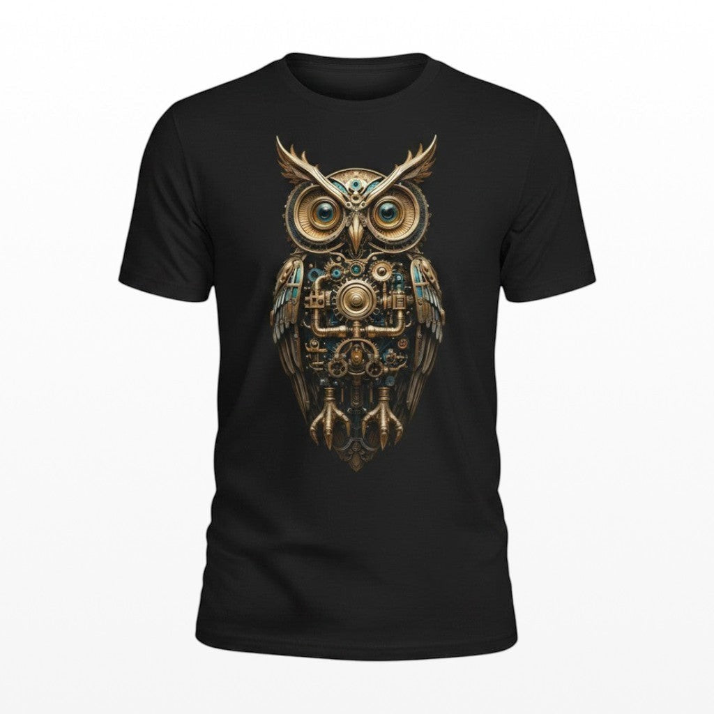 Illustrated Solutions Store black t-shirt with a detailed steampunk owl design featuring gears and metallic accents.
