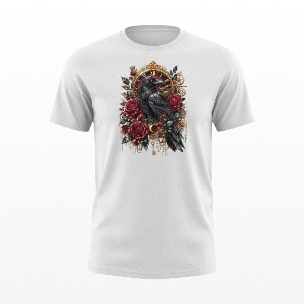 Illustrated Solutions Store white t-shirt with a steampunk raven and red roses graphic. Features vintage clockwork elements.