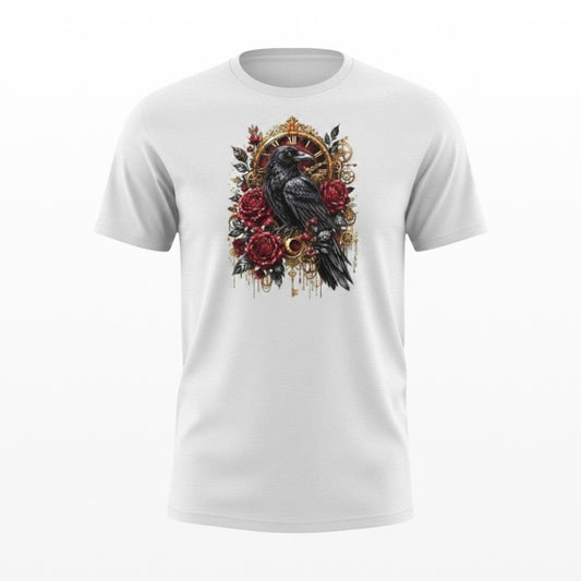 Illustrated Solutions Store white t-shirt with a steampunk raven and red roses graphic. Features vintage clockwork elements.