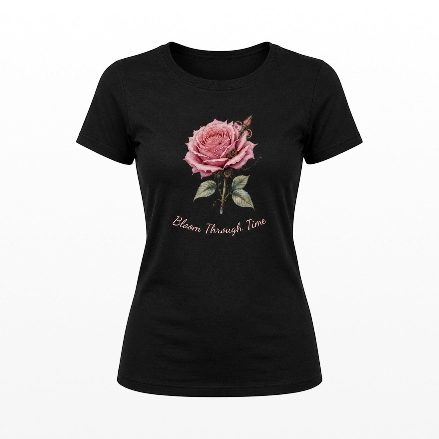 Illustrated Solutions Store black fitted t-shirt with a pink steampunk rose design and "Bloom Through Time" text.