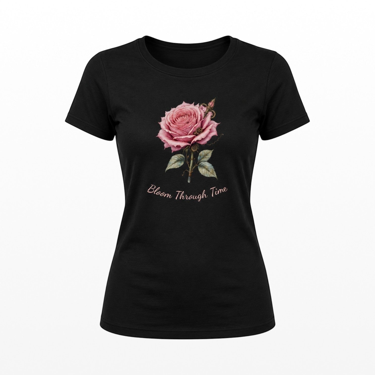 Illustrated Solutions Store black fitted t-shirt with a pink steampunk rose design and "Bloom Through Time" text.
