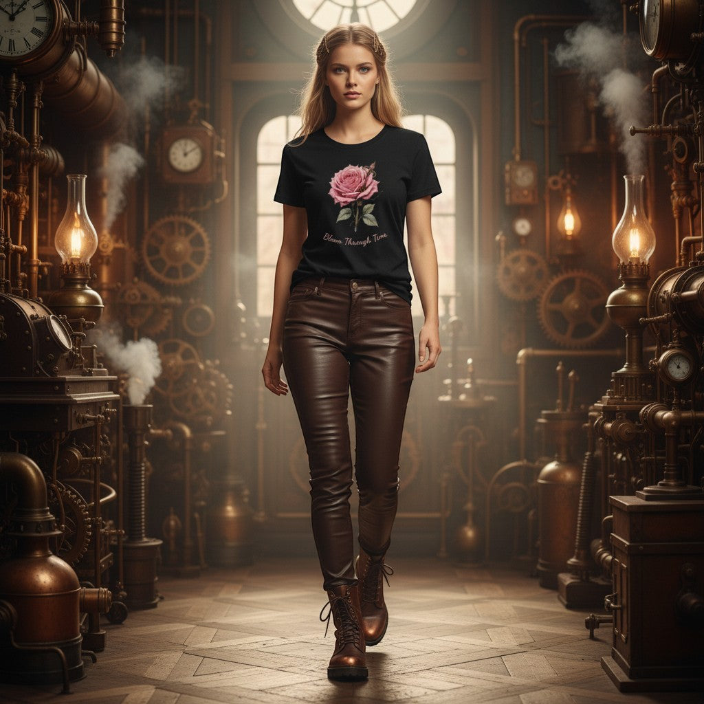 Illustrated Solutions Store black t-shirt with a pink steampunk rose and "Bloom Through Time" text.