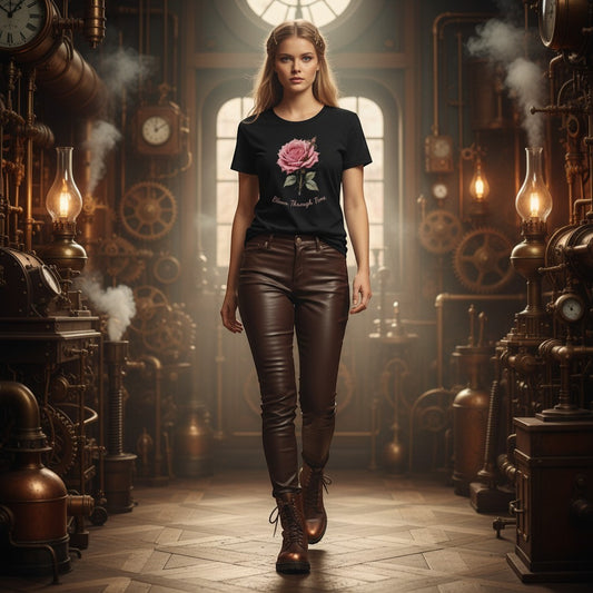 Illustrated Solutions Store black t-shirt with a pink steampunk rose and "Bloom Through Time" text.