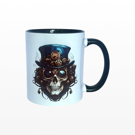 Illustrated Solutions Store steampunk skull mug with top hat and goggles, intricate mechanical details, and black handle.