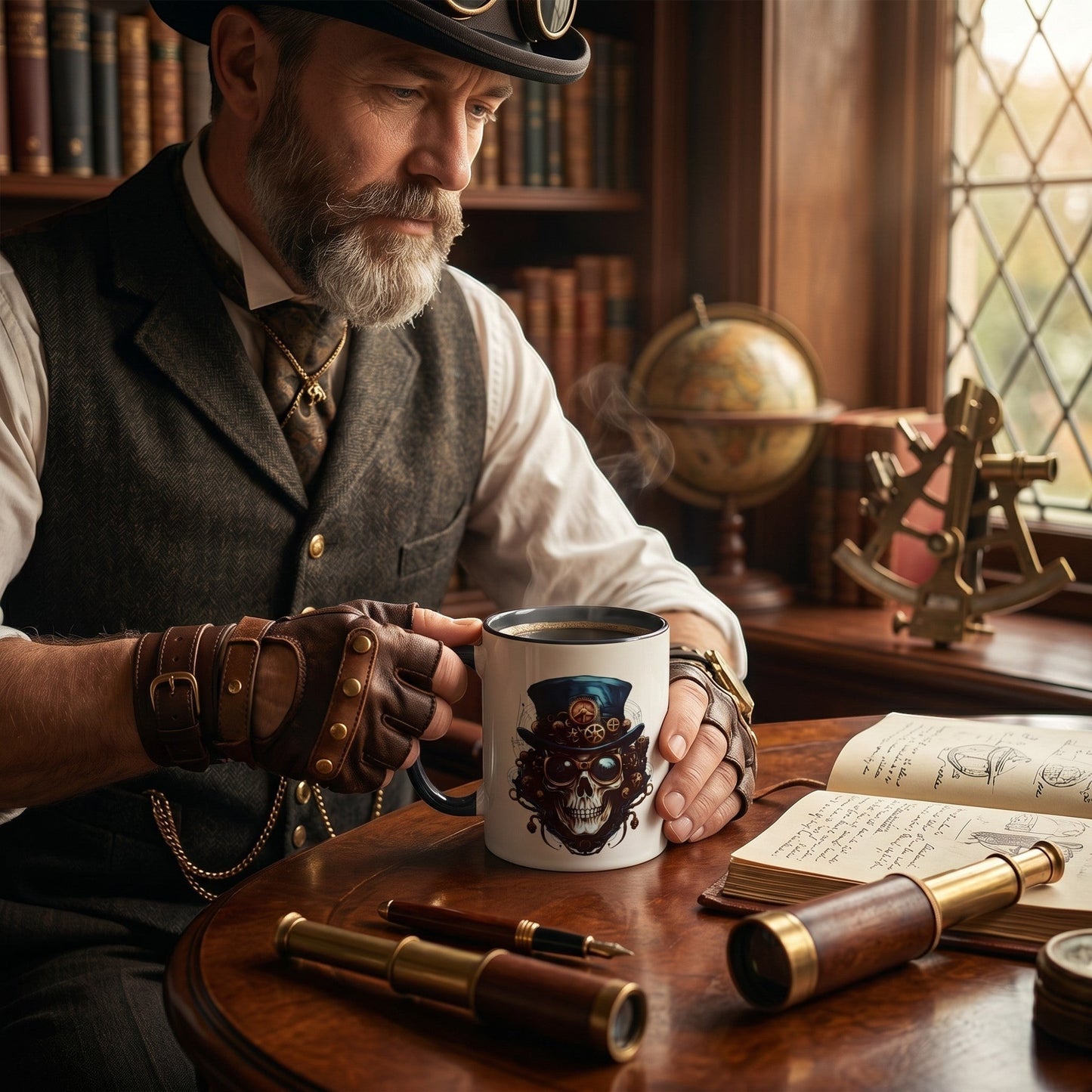 Illustrated Solutions Store ceramic mug featuring a steampunk skull with a top hat, held by a man in vintage attire.