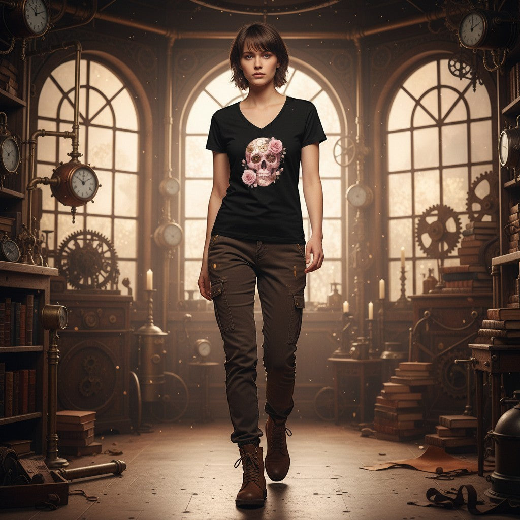 Illustrated Solutions Store black fitted women's tee with pink steampunk skull, roses, and gears design.