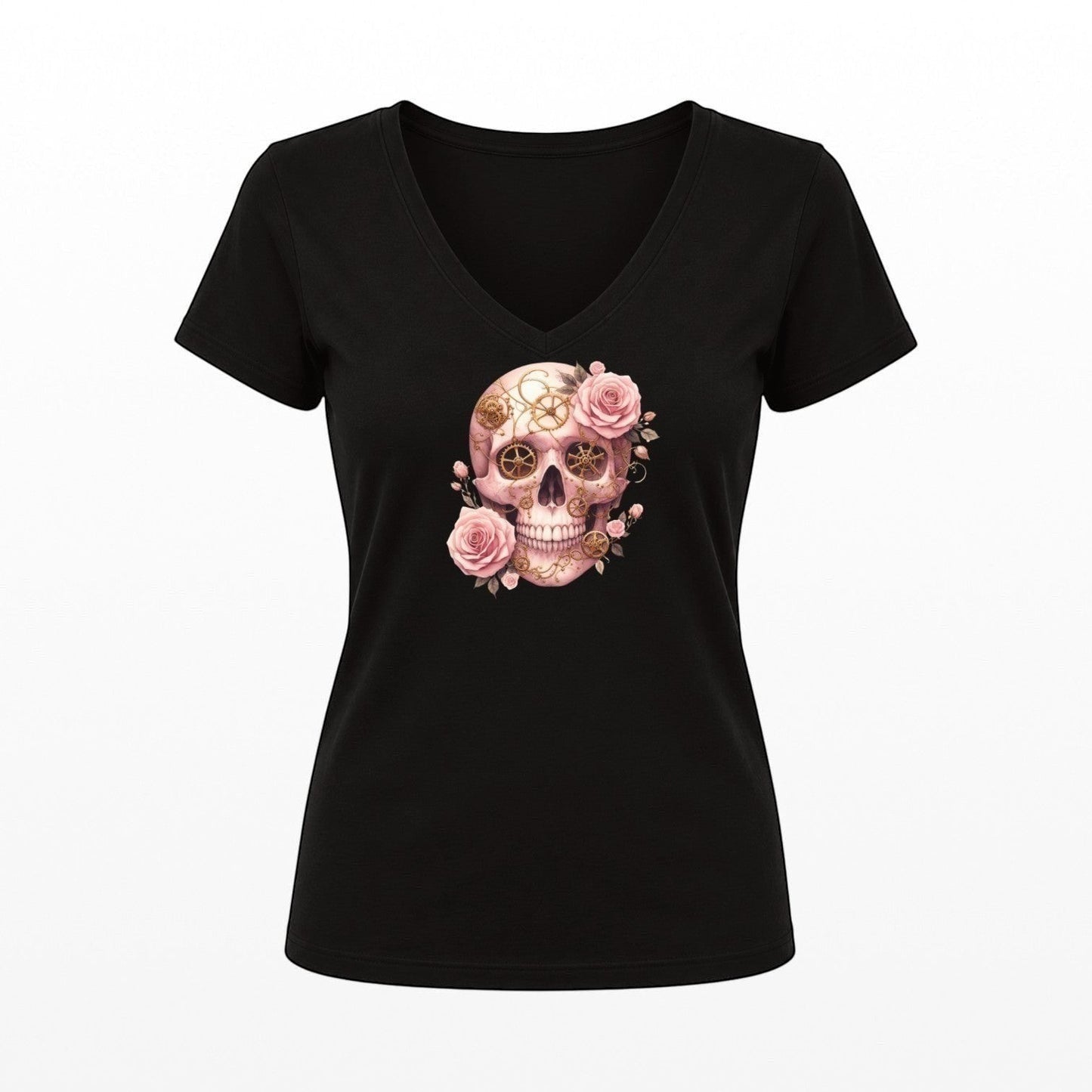 Illustrated Solutions Store black fitted women's tee with a pink steampunk skull and roses design, featuring clockwork details.