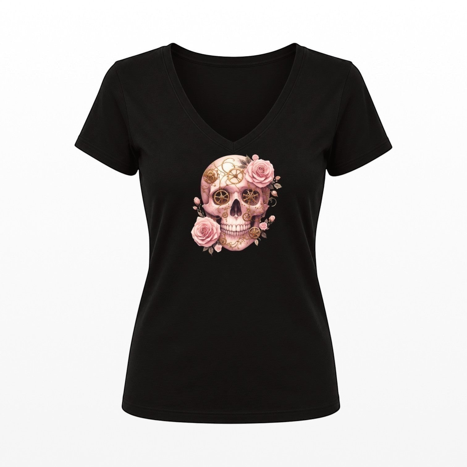 Illustrated Solutions Store black fitted women's tee with a pink steampunk skull and roses design, featuring clockwork details.