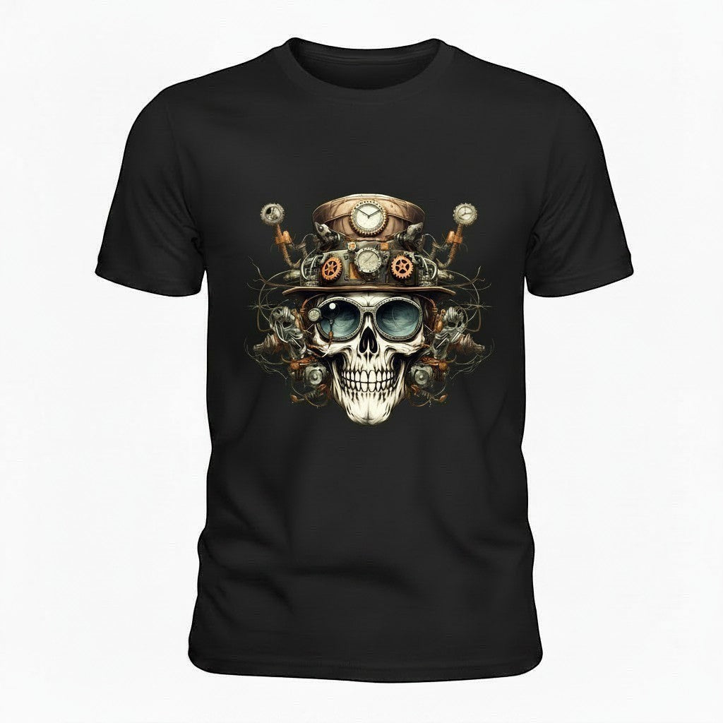 Illustrated Solutions Store black t-shirt with a detailed steampunk mechanical skull graphic, featuring gears, goggles, and a top hat.