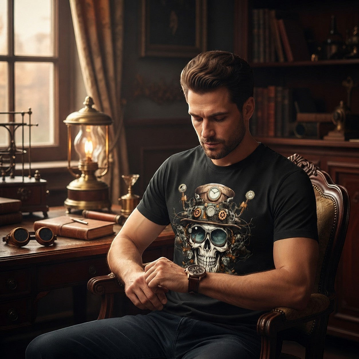 Illustrated Solutions Store black t-shirt with a detailed steampunk mechanical skull graphic, featuring gears and goggles.
